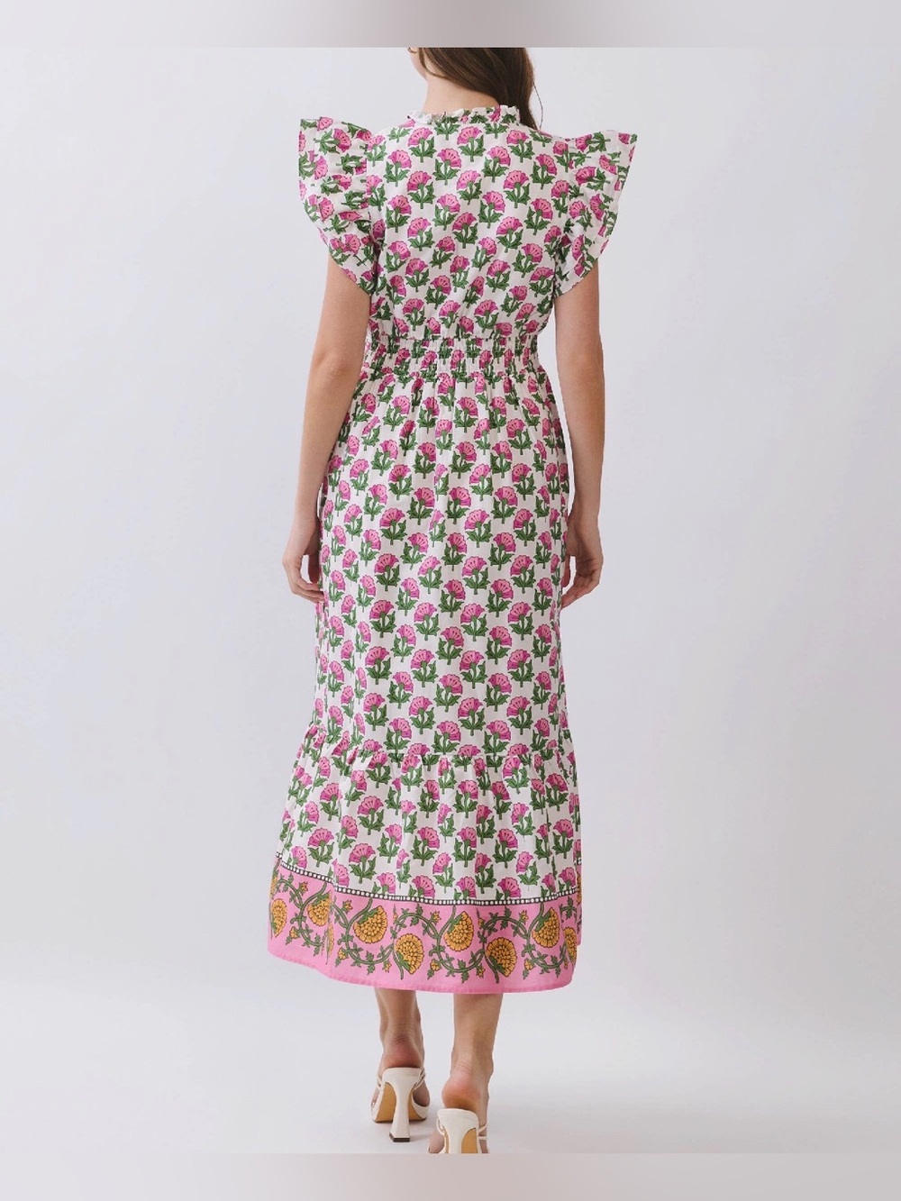 Pink Floral Midi Dress w/ Green Accents & Flutter Sleeves - Picture 4 of 4